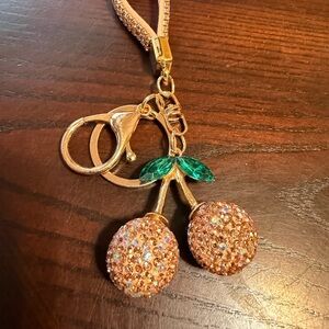Gold-Tone Cherry Crystal Keychain Pendant - Green Leaves